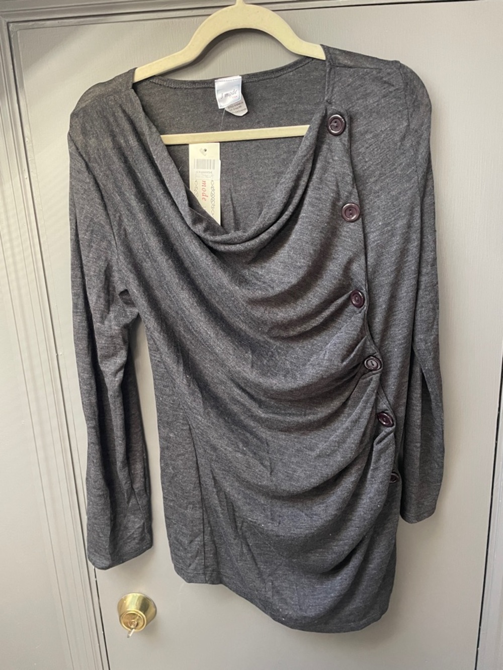 Draped Cowl Long-Sleeve Top with Side Button Detail - Charcoal Gray